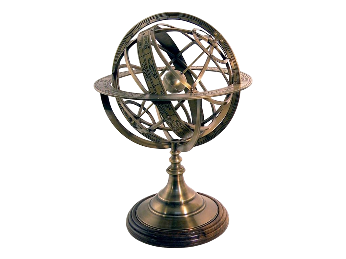 Esfera armilar com base em madeira