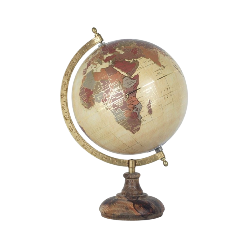 Globo mundo com base em madeira