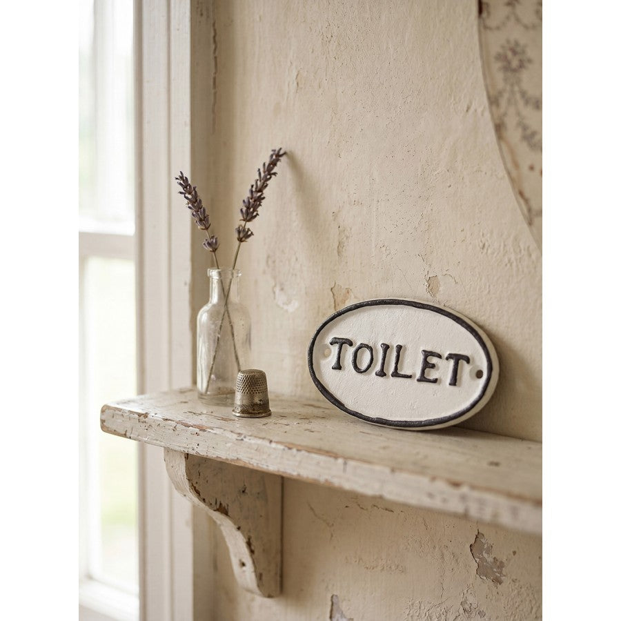 Placa metálica branca "Toilet"